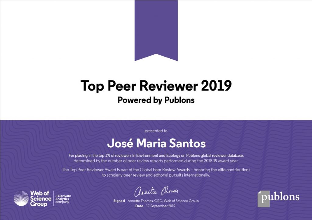 Investigador do CEF premiado com os Global Peer Review Awards 2019 (grupo Web of Science)